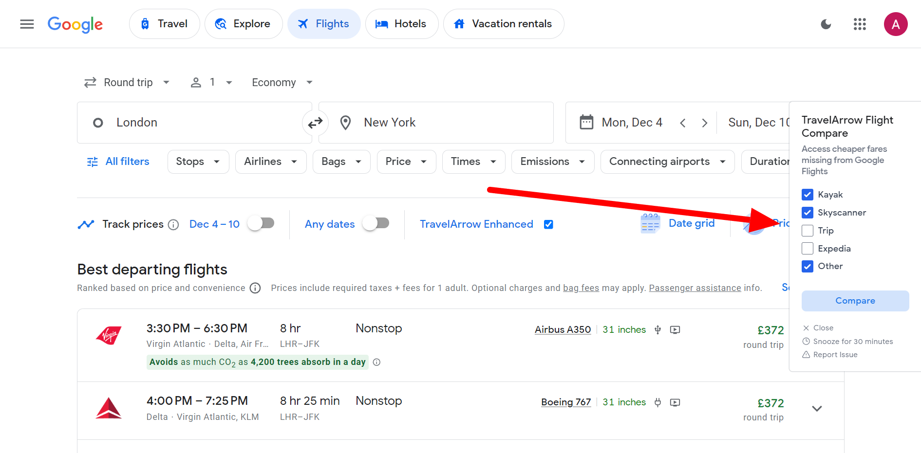 screenshot of google flights with travel arrow extension installed on it